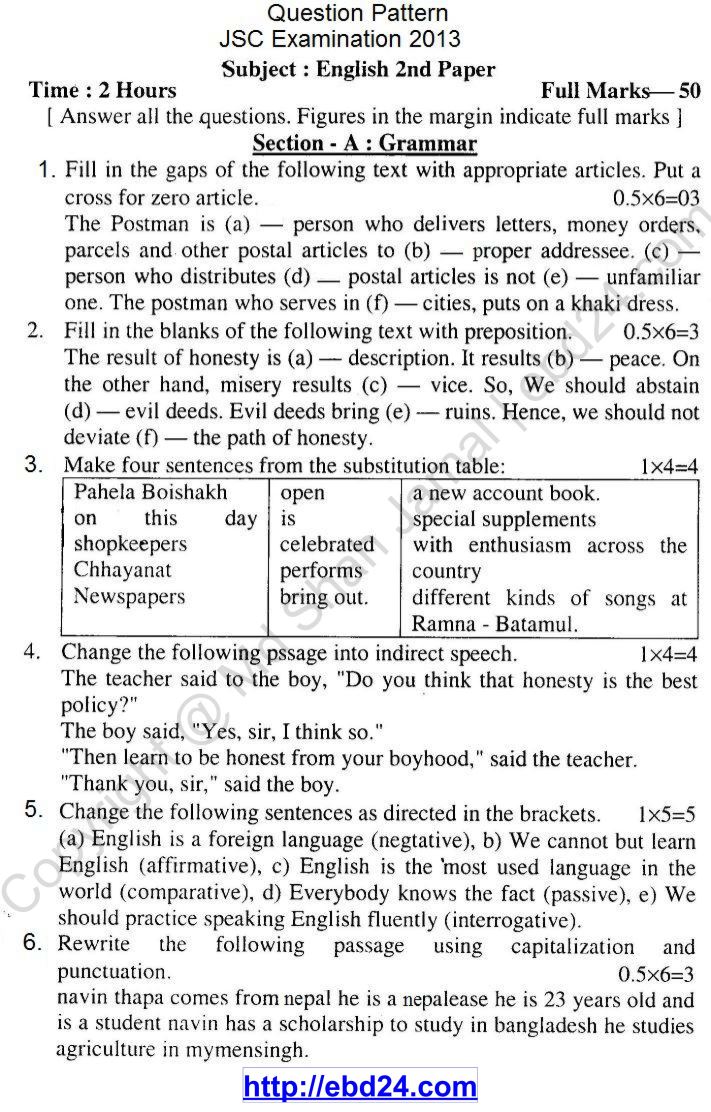 English Suggestion and Question Patterns of JSC Examination 2013