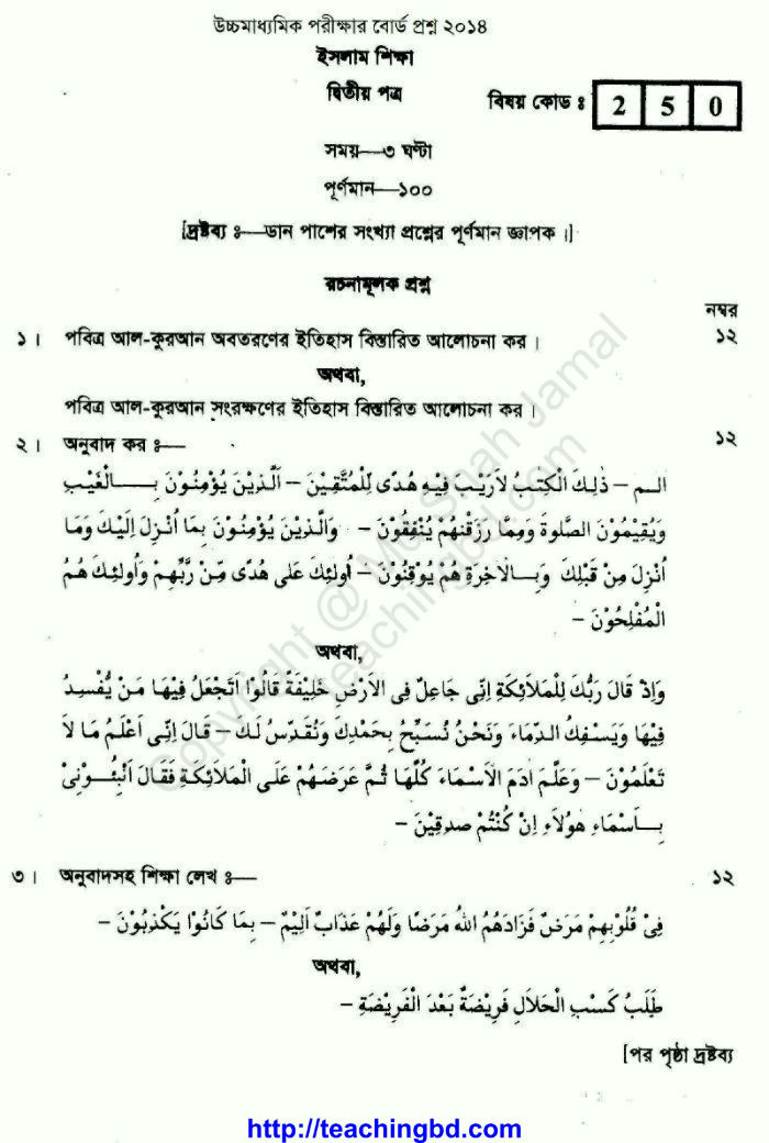 Islamic Studies 2nd Paper Board Question of HSC  