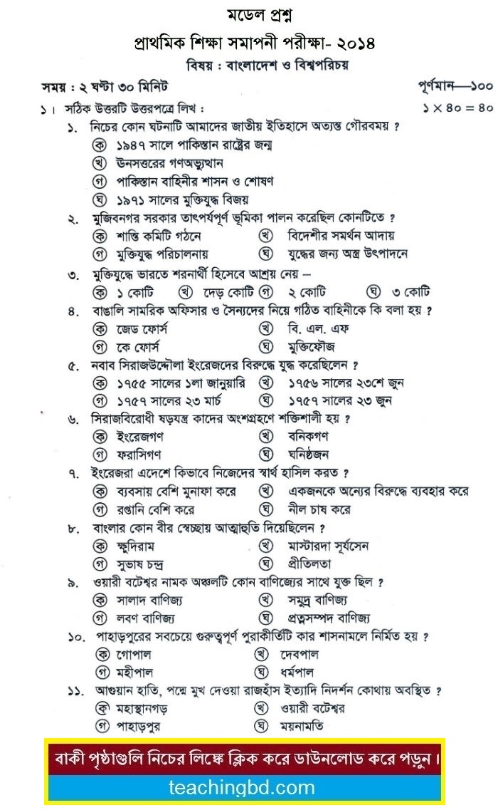 Bangladesh and Bisho Porichoy Suggestion and Question Patterns of PSC Examination 2014