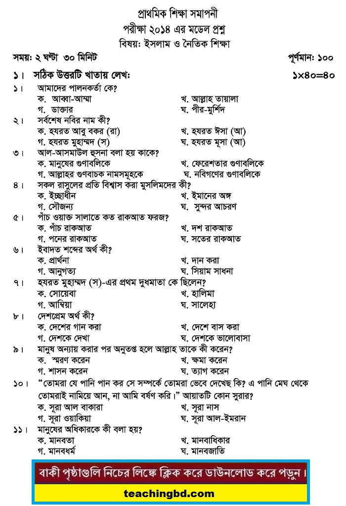 PSC Islam and moral Education Suggestion and Question Patterns 2014-7
